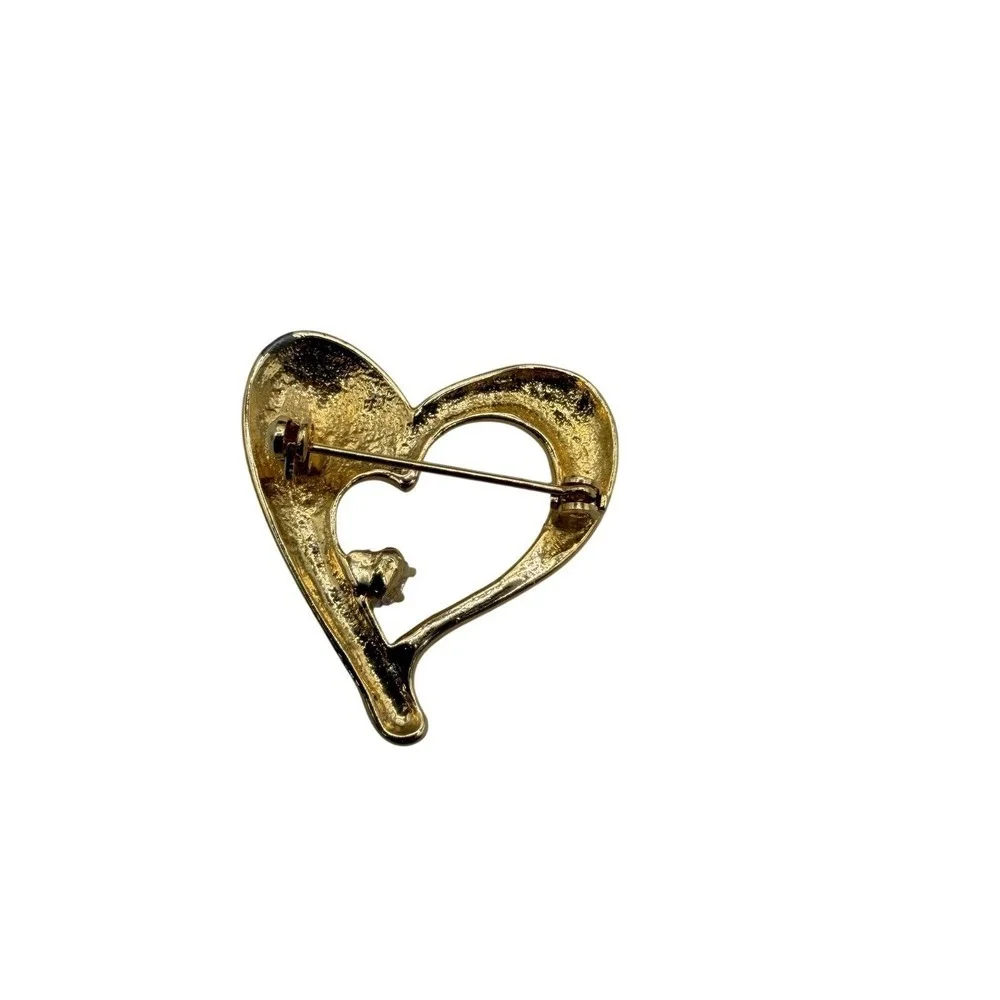 Gold Tone Brooch Set Triple Circle Interlocking & Heart Rhinestone Pins 2pc